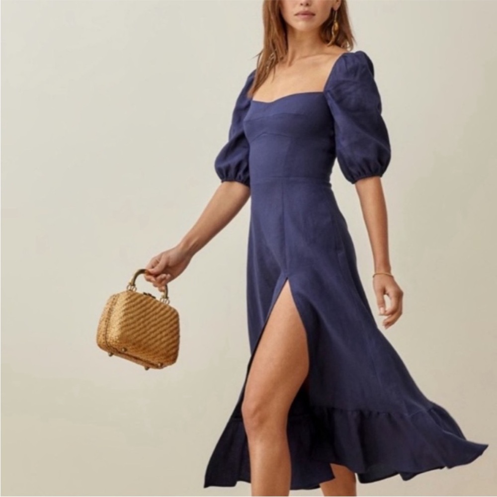 Reformation Belgium Midi Dress Linen Navy Blue Size 4